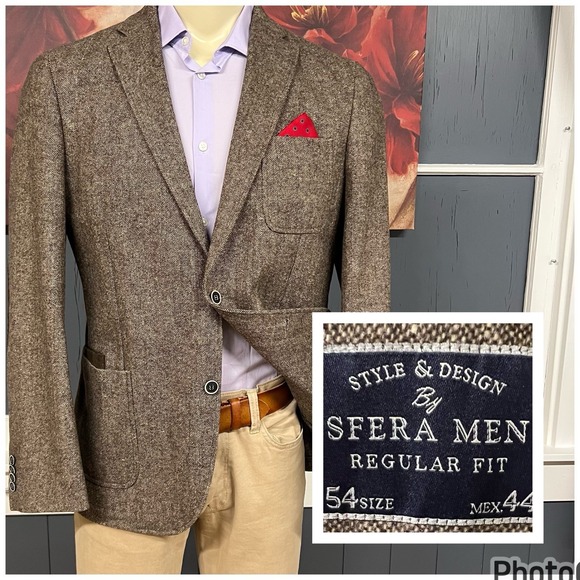 Sfera Men Tweed Blazer Sport Coat Mens (US 42R) Slim Fit Wool Polyester Brown